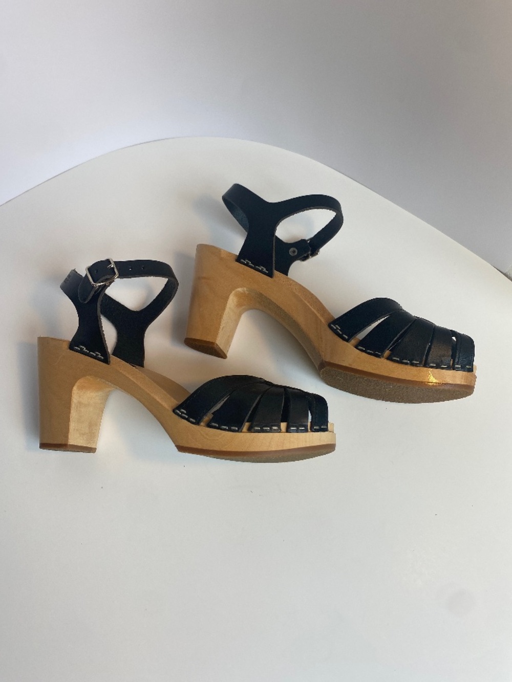 Swedish Hasbeens Black Leather Wooden Clog Sandals size 38